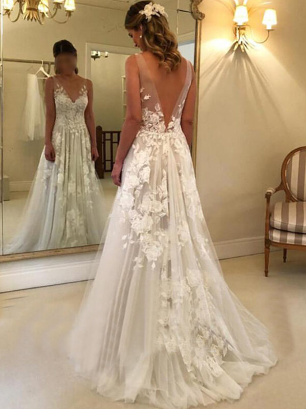 Double-shoulder Deep V-neck Slim-fit Lace Wrapped Shoulder Tail Wedding Dress - Image 2