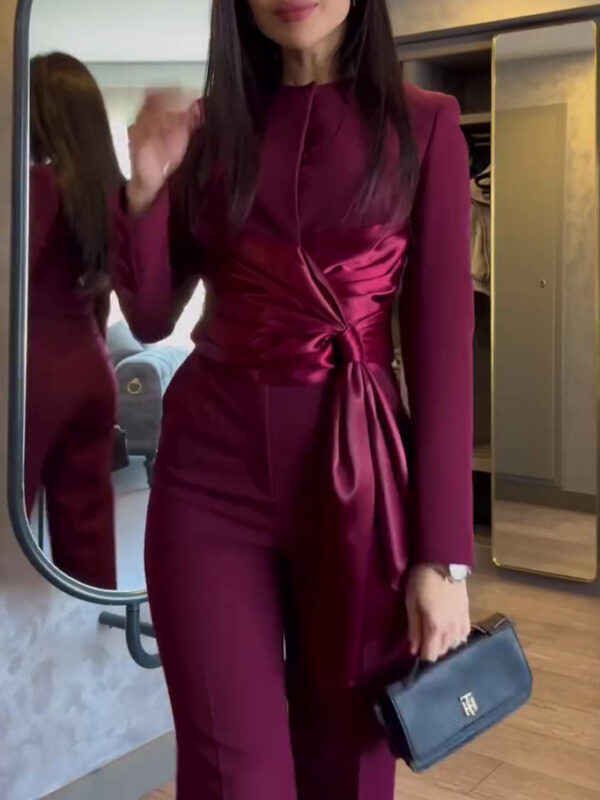 Burgundy Satin Strappy Top & High-waisted Pants Set - Image 5