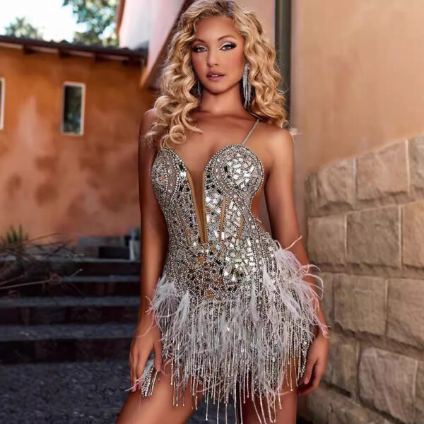 Female Summer Sequins Feather Tassel Backless Dress