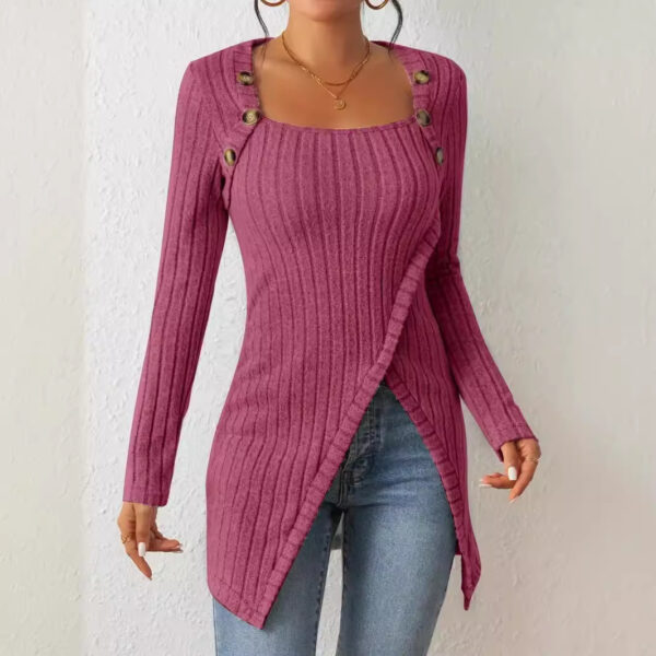 Square Collar Irregular Knitted Top With Button Design Fashion Solid Long-sleeved Long Top For Women Clothing - Image 3