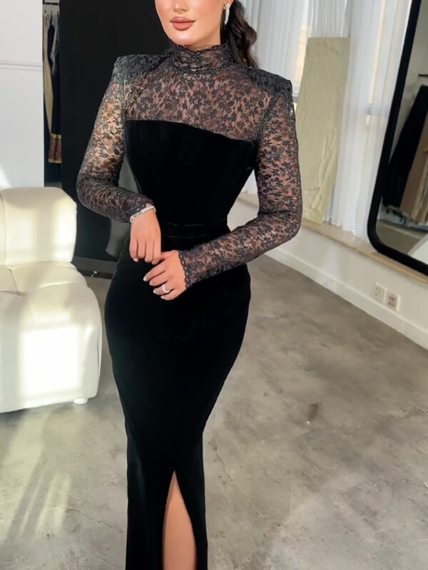 Black Long Sleeve Lace Velvet Bodycon Dress Two Piece Set