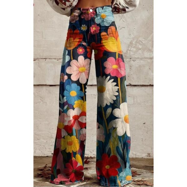 Fashion Women's Printed High Waist Loose Thin Imitation Denim Wide Leg Pants - Image 2