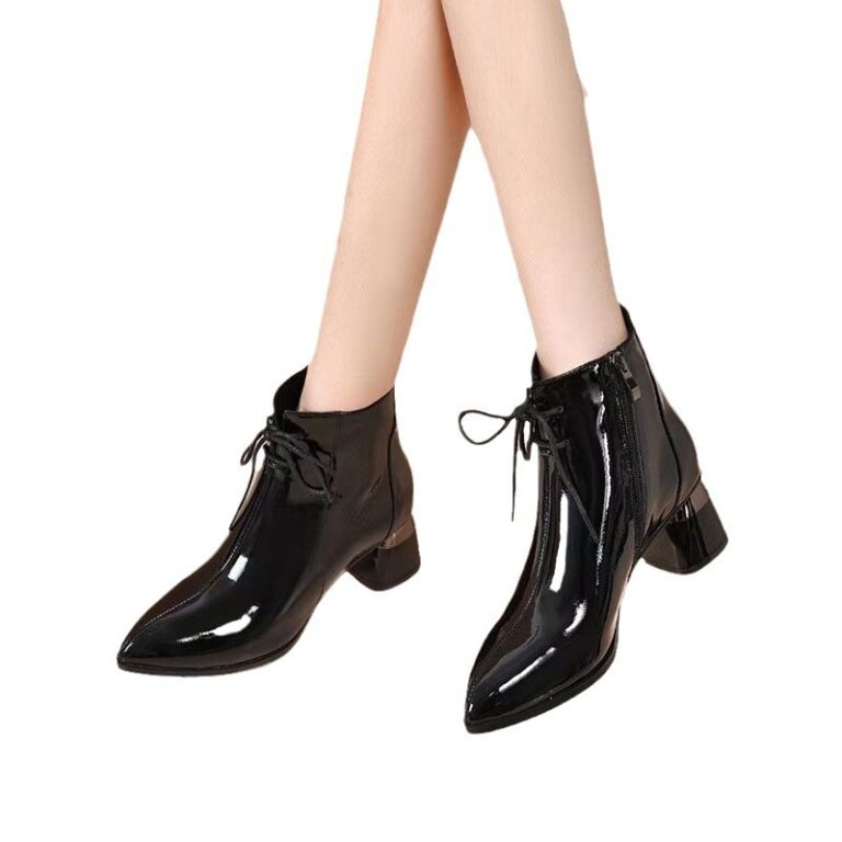 Chunky Heel Pointed Toe Mid Heel Elegant Martin Boots Patent Leather Women - Image 6