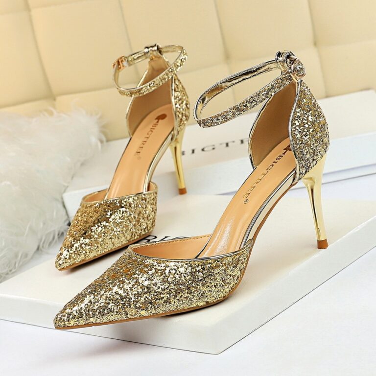 European and American style stiletto high-heeled shallow mouth pointed toe hollow sequin sexy nightclub slimming word with female sandals - Image 3