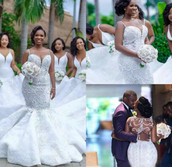 African mermaid cutout lace wedding dress