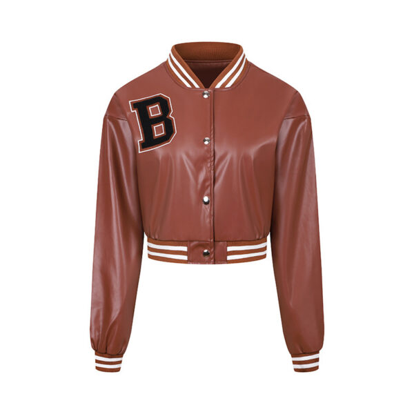 Women's Color Matching Thread Leather Baseball Uniform Coat Top - Image 4