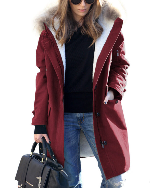 Women's Loose Extended Fur Collar Hooded Overcoat - Image 3