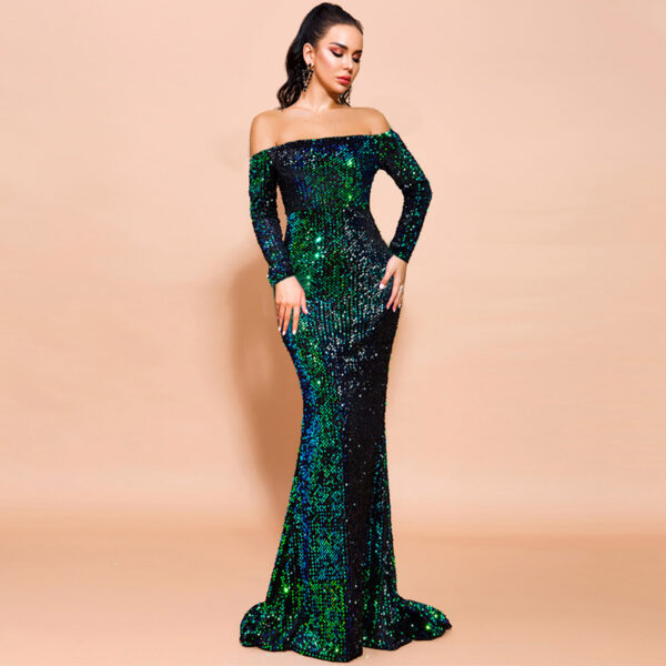 Sexy Strapless Long Sleeve Sequins Party Evening Dress - Image 3