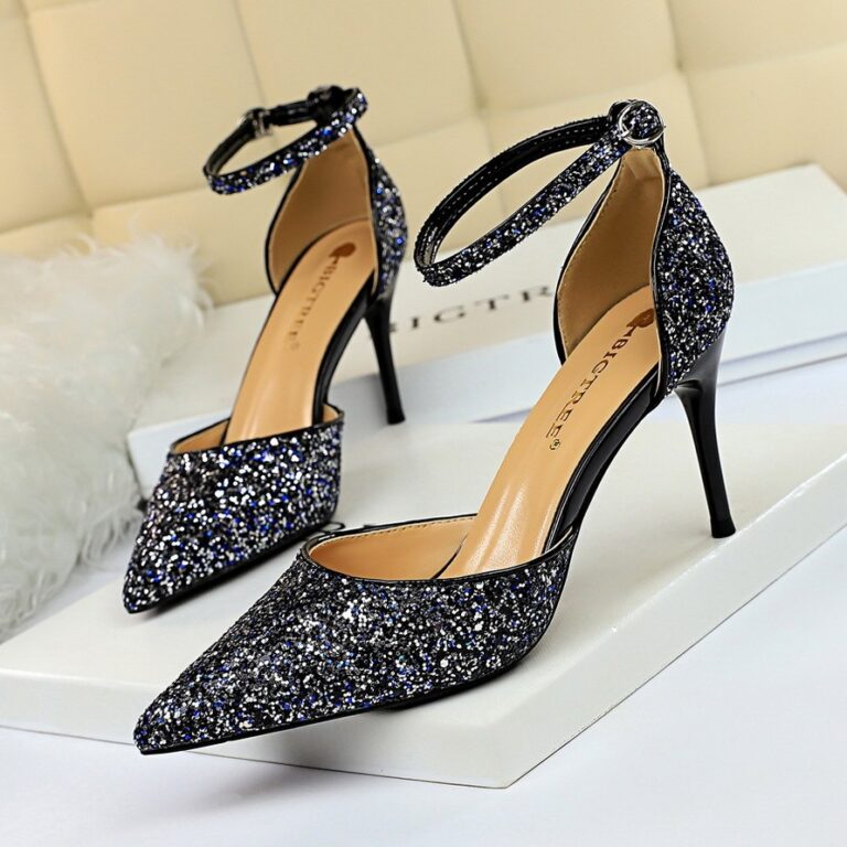 European and American style stiletto high-heeled shallow mouth pointed toe hollow sequin sexy nightclub slimming word with female sandals - Image 8