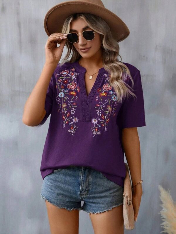 Fashion Flowers Embroidery Short Sleeve T-shirt Summer Stitching Lace-collared Blouse Womens Clothing - Image 7