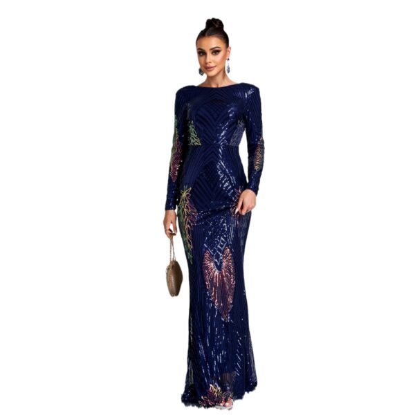 Long Sleeve Temperament Crew Neck Sexy Long Sequined Banquet Evening Dress - Image 5