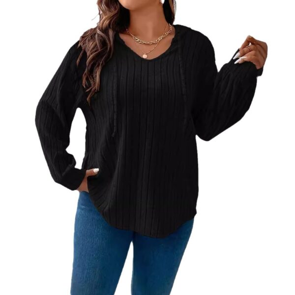 Women's V-neck Hooded Long-sleeved Sunken Stripe Brushed Top - Image 9