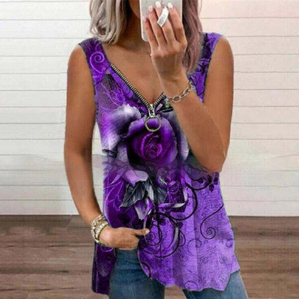 Summer New Fashion Women's V-neck Zipper Rose Print Casual Vest - Image 2