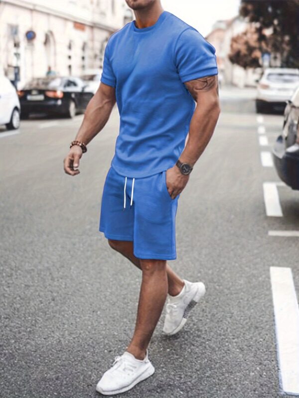 Men's Outfit, Solid Casual Crew Neck Short Sleeve T-Shirt & Drawstring Shorts 2-piece Set For Summer Outdoor Activities - Image 2