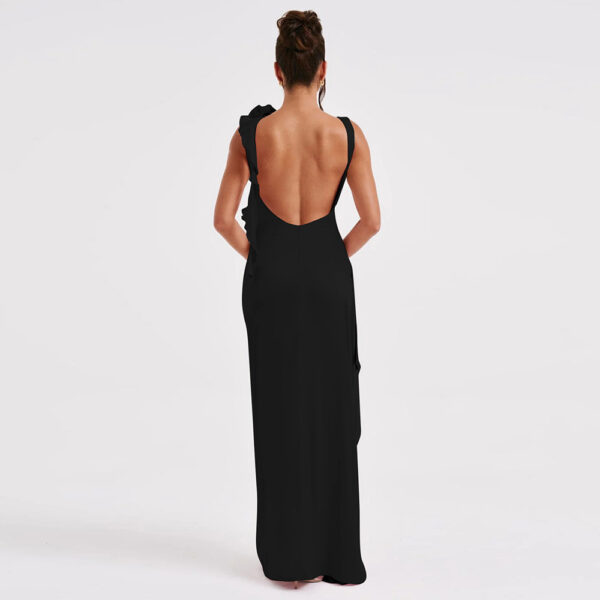 Fashion Slim Sleeveless Backless Satin Pleated High Slit Long Dress - Image 5