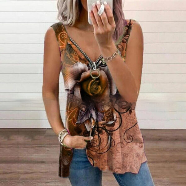 Summer New Fashion Women's V-neck Zipper Rose Print Casual Vest - Image 6