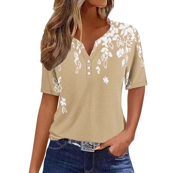 Women's Floral Printed V-neck Short Sleeve Button T-shirt - Image 2