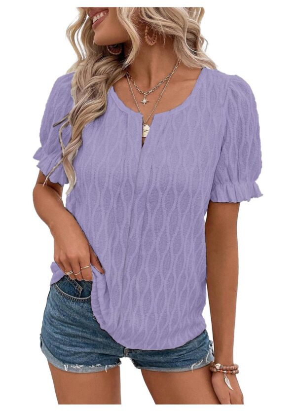 V-neck T-shirt Puff Sleeve Jacquard Women's Clothing - Image 10