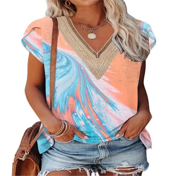 European And American Summer Lace Edge V-neck Printed Casual T-shirt Top - Image 9