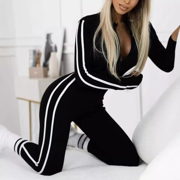 Autumn And Winter Women's Slim Striped Half Zipper Jumpsuit - Image 6