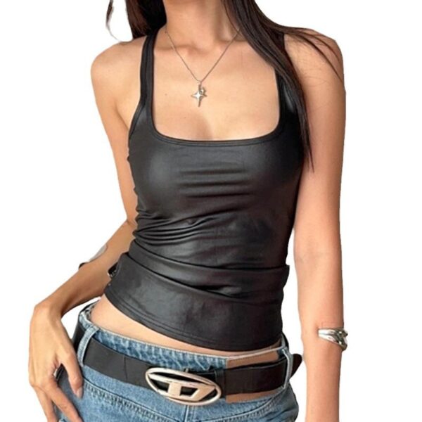 Street Style Leather Vest Elastic Coating Sleeveless Square Collar Sexy - Image 5