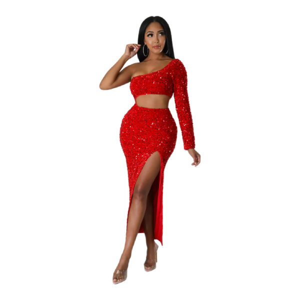 One-shoulder Fashionable Sequins Sexy Navel Split Hip Women's Clothing Dress - Image 3