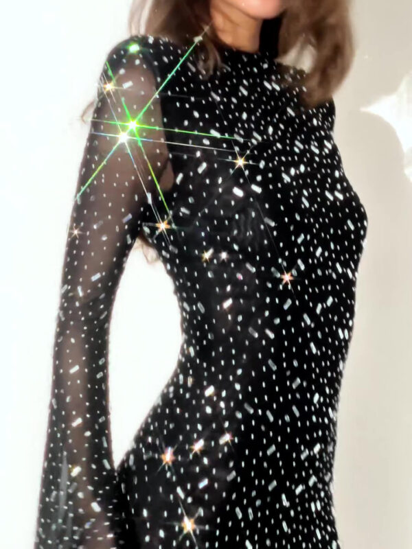 Black Long Sleeve Slim Fit Sparkling Rhinestone Dress - Image 2