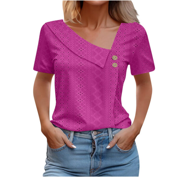 Summer V-neck Button Solid Color Loose Women's Short Sleeved T-shirts - Image 7