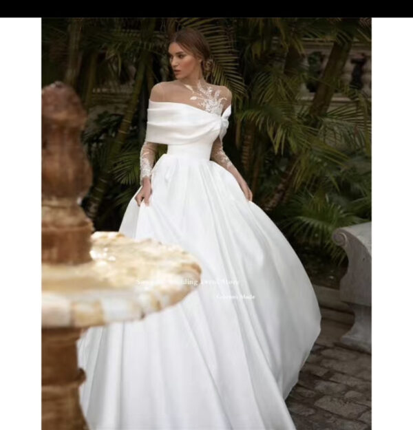 Raglan Sleeve Long Sleeve White Tutu Skirt Satin Wedding Dress - Image 3