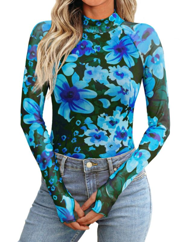 Floral Mesh Round Neck Long Sleeve Mesh With Thumb Hole Fashion Autumn Undershirt - Image 4