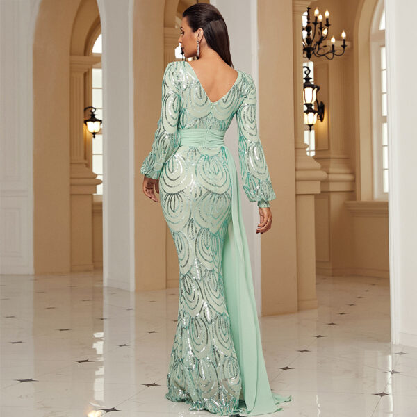 Long Sleeve Sexy Long Sequined V-neck Banquet Ribbon Evening Dress - Image 4