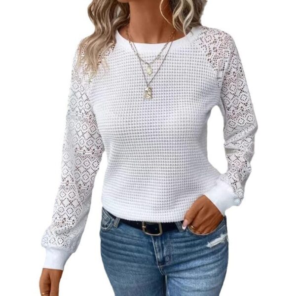 European And American New Pure Color Lace Long Sleeve Hollowed Leisure Women's T-shirt Tops - Image 4