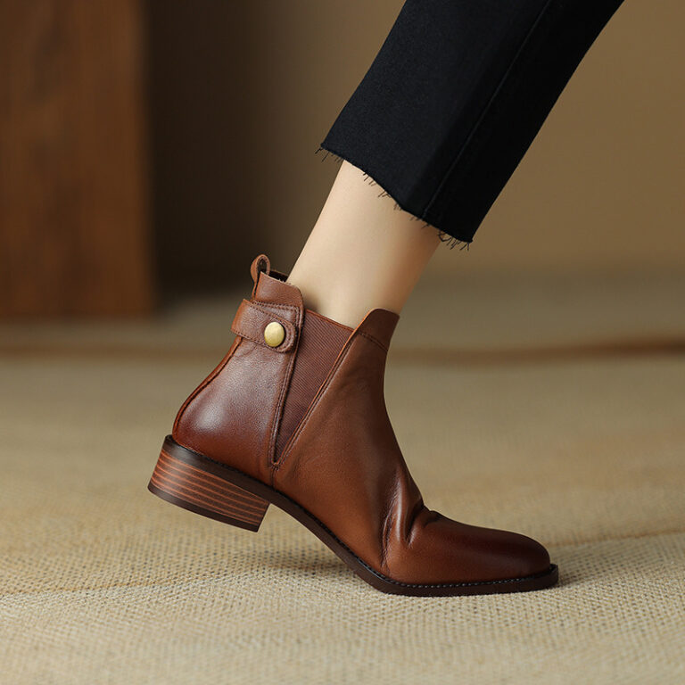 Soft Leather And Velvet Ankle Boots Flat Ankle Boots Mid Heel Round Head Chelsea - Image 7