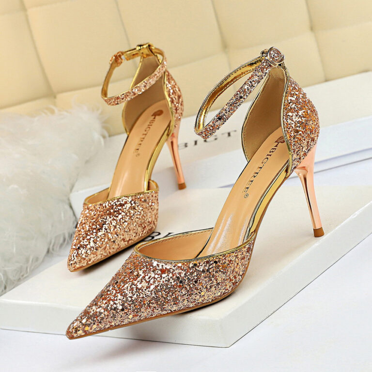 European and American style stiletto high-heeled shallow mouth pointed toe hollow sequin sexy nightclub slimming word with female sandals - Image 5