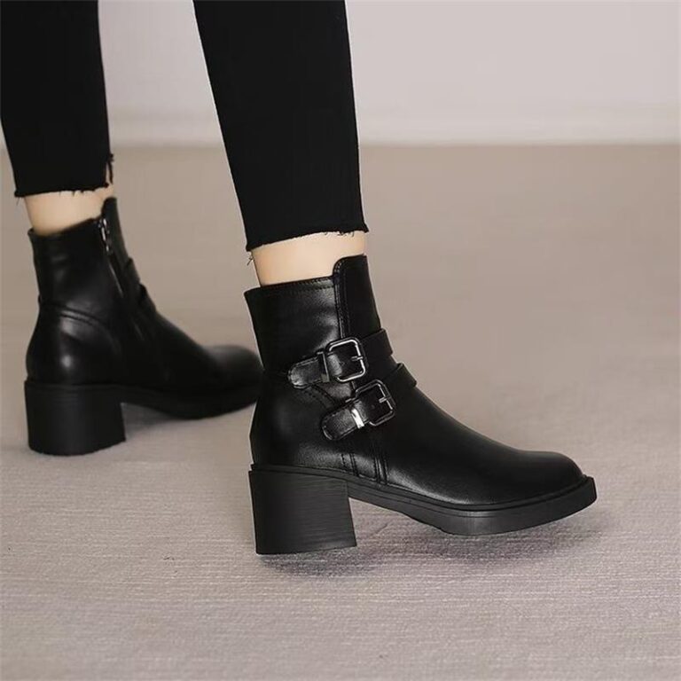 Black Belt Buckle Round Toe Mid Heel Short Boots For Women - Image 7