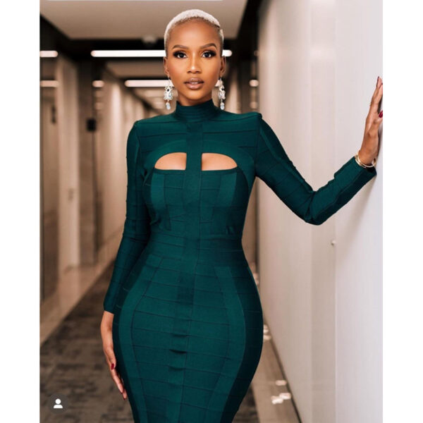 Dark Green Stand Collar Long Sleeve Slim Fit Bandage Dress - Image 7