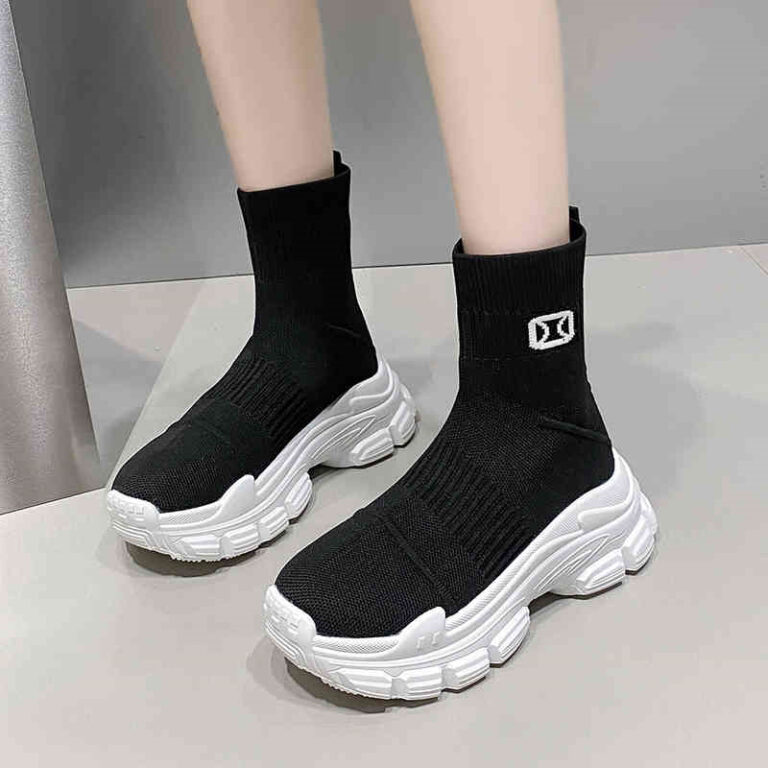 Spring And Autumn Fashion Thick Soled Height Increasing Flyknit Elastic Boots - Image 4