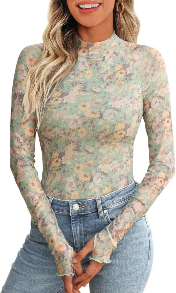 High Collar Long Sleeve Lace Floral Mesh - Image 2