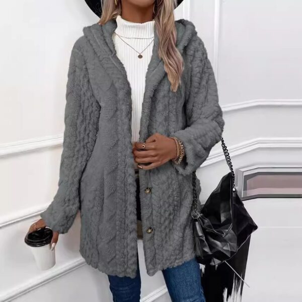 Hooded Cardigan Button Long Jacket Winter Solid Color Long Sleeve Coat - Image 8