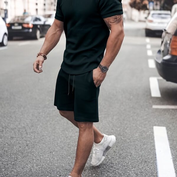 Men's Outfit, Solid Casual Crew Neck Short Sleeve T-Shirt & Drawstring Shorts 2-piece Set For Summer Outdoor Activities - Image 8