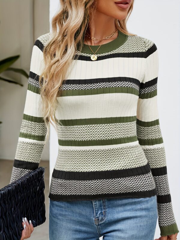 Contrast Color Striped Thread Top Fashion Sweater Women's - Image 3