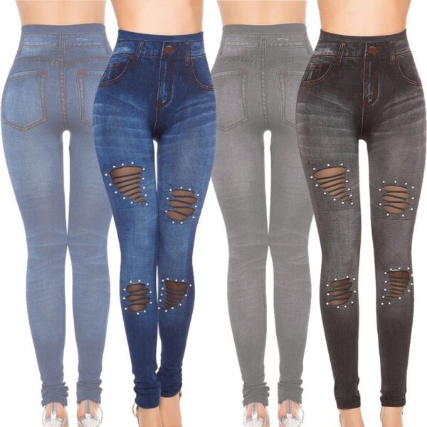 Cutout Mesh Studs Pearl Stretch Denim Leggings