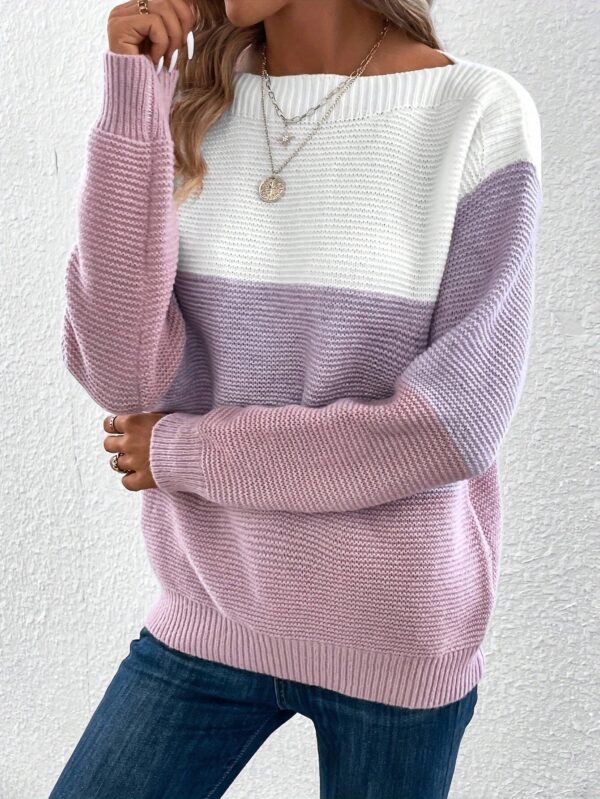 Pullover Knitted Sweater Fashion Round Neck Splicing Knitwear Loose Top Women's Clothing - Image 9