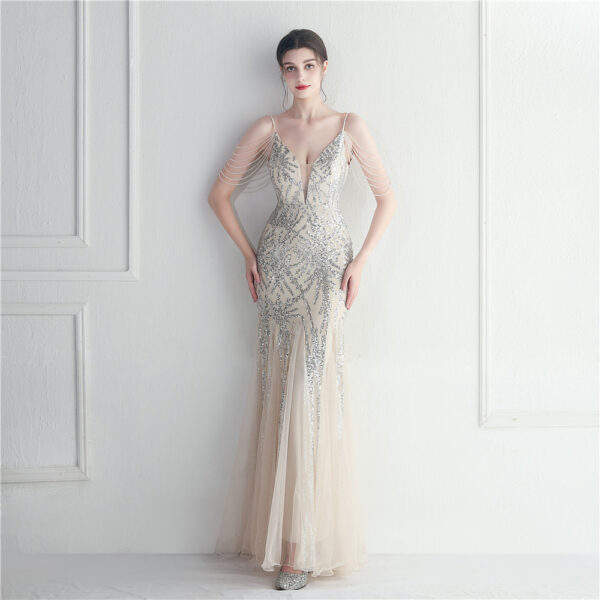 Mesh Beaded Bridal Wedding Dinner Long Camisole Evening Gown - Image 5