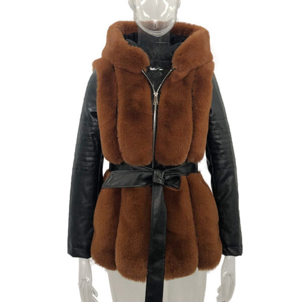 New Style Fur Belt Belt Hooded Zipper Jacket Women's Clothing - Image 3