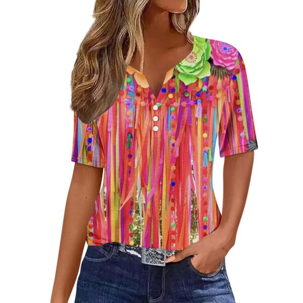 Women's Floral Printed V-neck Short Sleeve Button T-shirt - Image 3