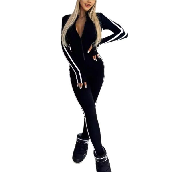 Autumn And Winter Women's Slim Striped Half Zipper Jumpsuit - Image 4