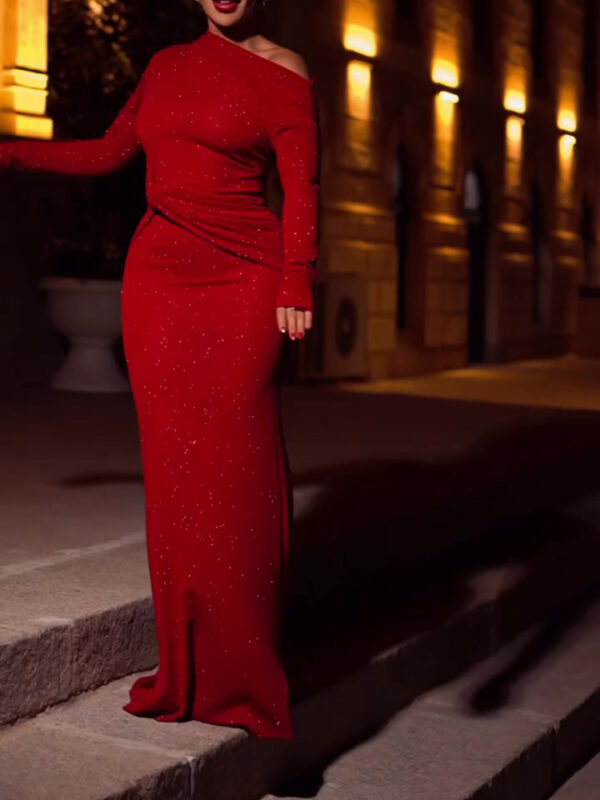 Burgundy Red  Long-sleeve Twisted Sequin Dress - Image 6