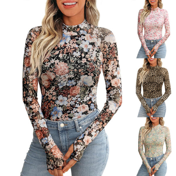 High Collar Long Sleeve Lace Floral Mesh - Image 5