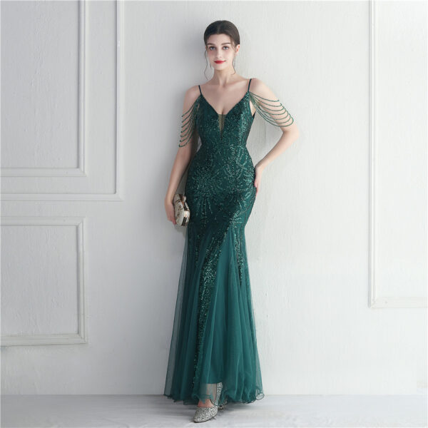 Mesh Beaded Bridal Wedding Dinner Long Camisole Evening Gown - Image 8